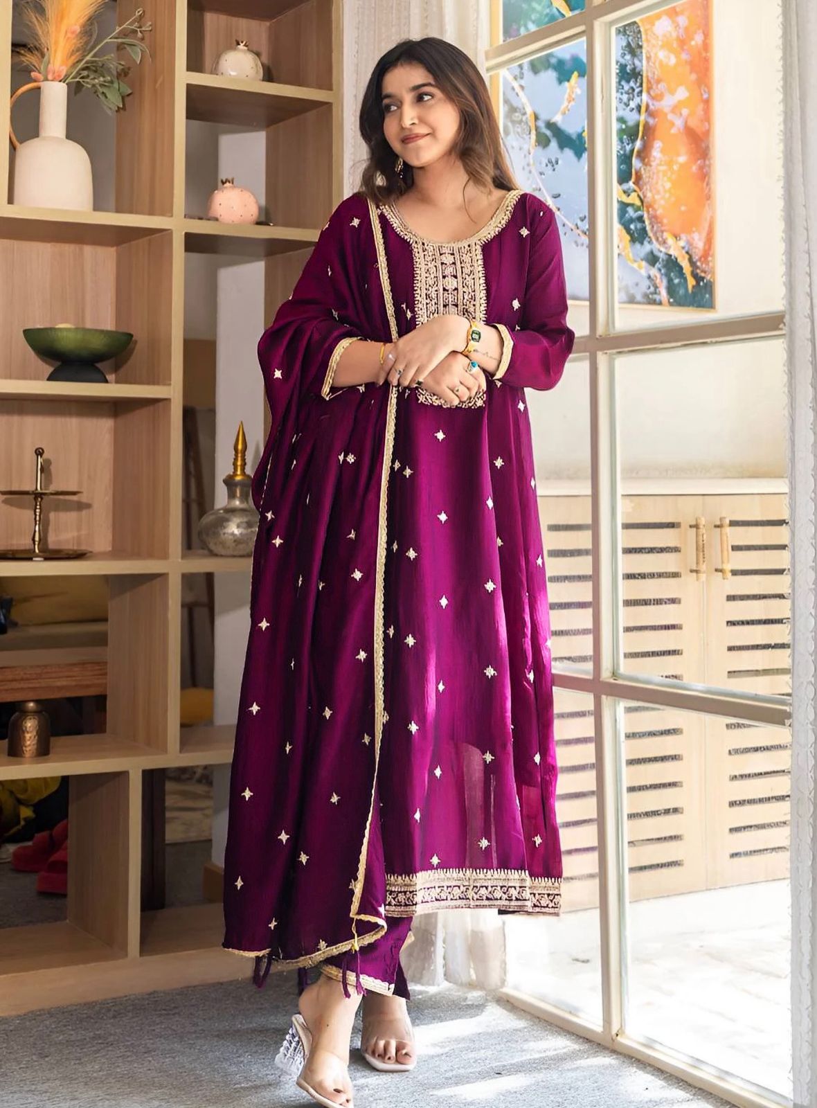 Anarkali Silk Kurta Set with Dupatta for Women