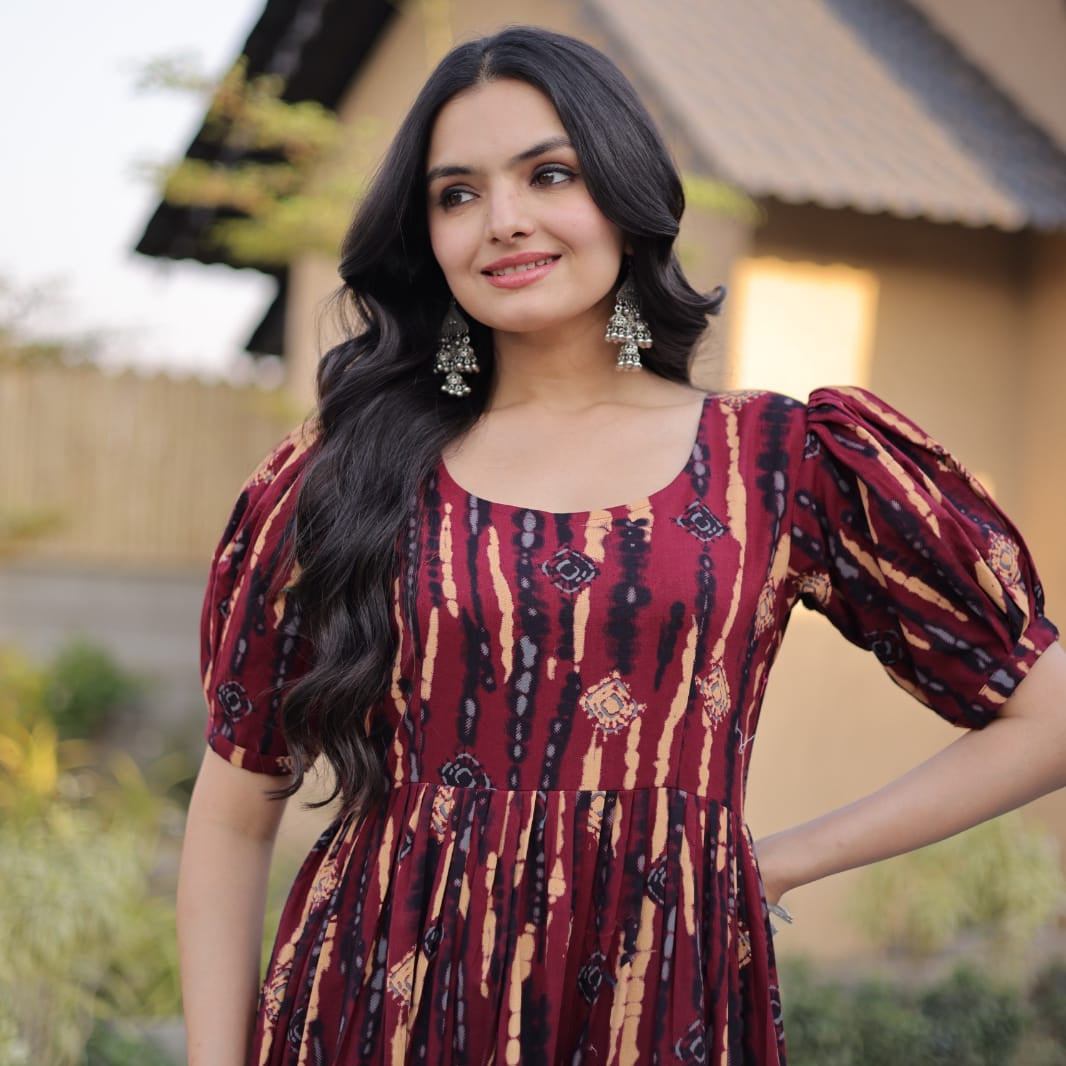 Printed Cotton Designer Kurti with Puff Sleeves