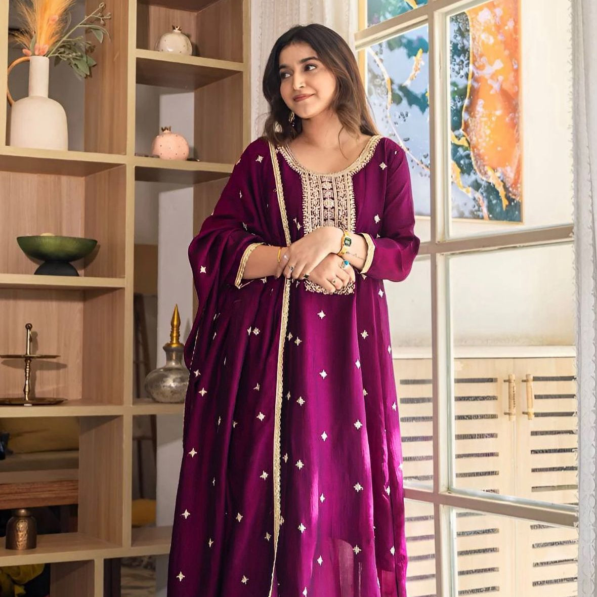 Anarkali Silk Kurta Set with Dupatta for Women